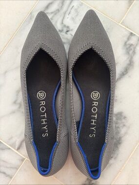 Rothy's Gray Pointed-Toe Flats with Royal Blue Trim
